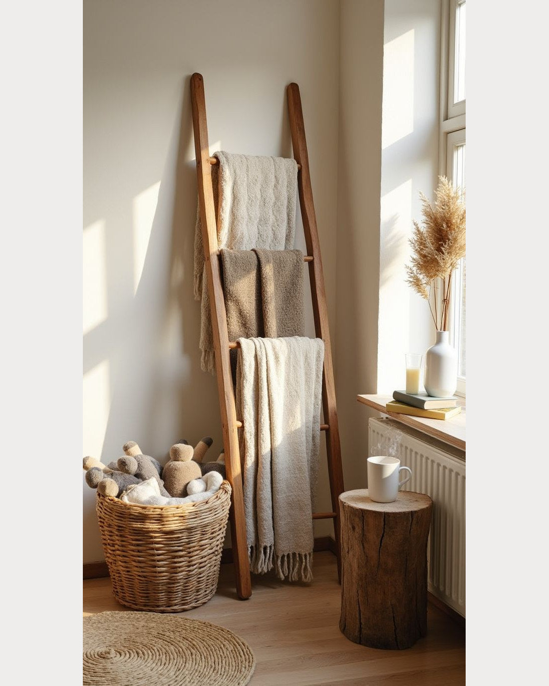 Solid oak blanket ladder leaning against a wall in a sunlit room, three woven throws draped over its rungs, with a wicker basket alongside and a log stool to one side.